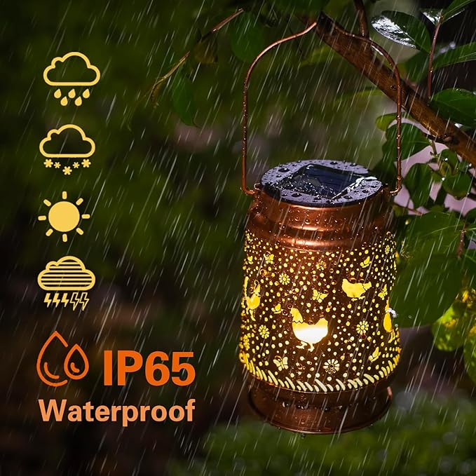 2 Pack Solar Chicken Lanterns Outdoor Waterproof Hanging Lights for Garden Decor, Yard, Patio, Lawn, Tabletop, Pathway, Landscape - Metal Decorative LED Gifts for Women Men