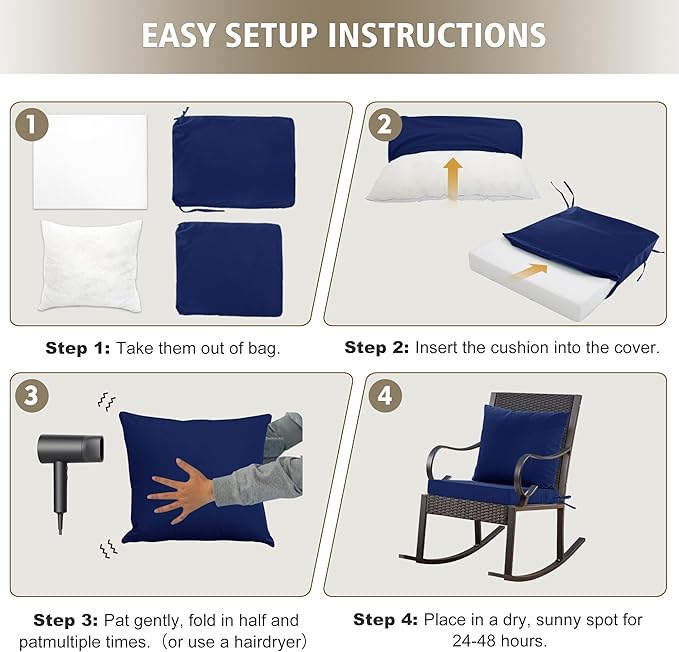 24x24 Inch Outdoor Cushions for Patio Furniture Set of 2, Waterproof Outdoor Chair Cushions w/Fade-Resistant, Removable & Machine-Washable Covers, Deep Seat Sofa/Couch Pads Replacement, Navy Blue