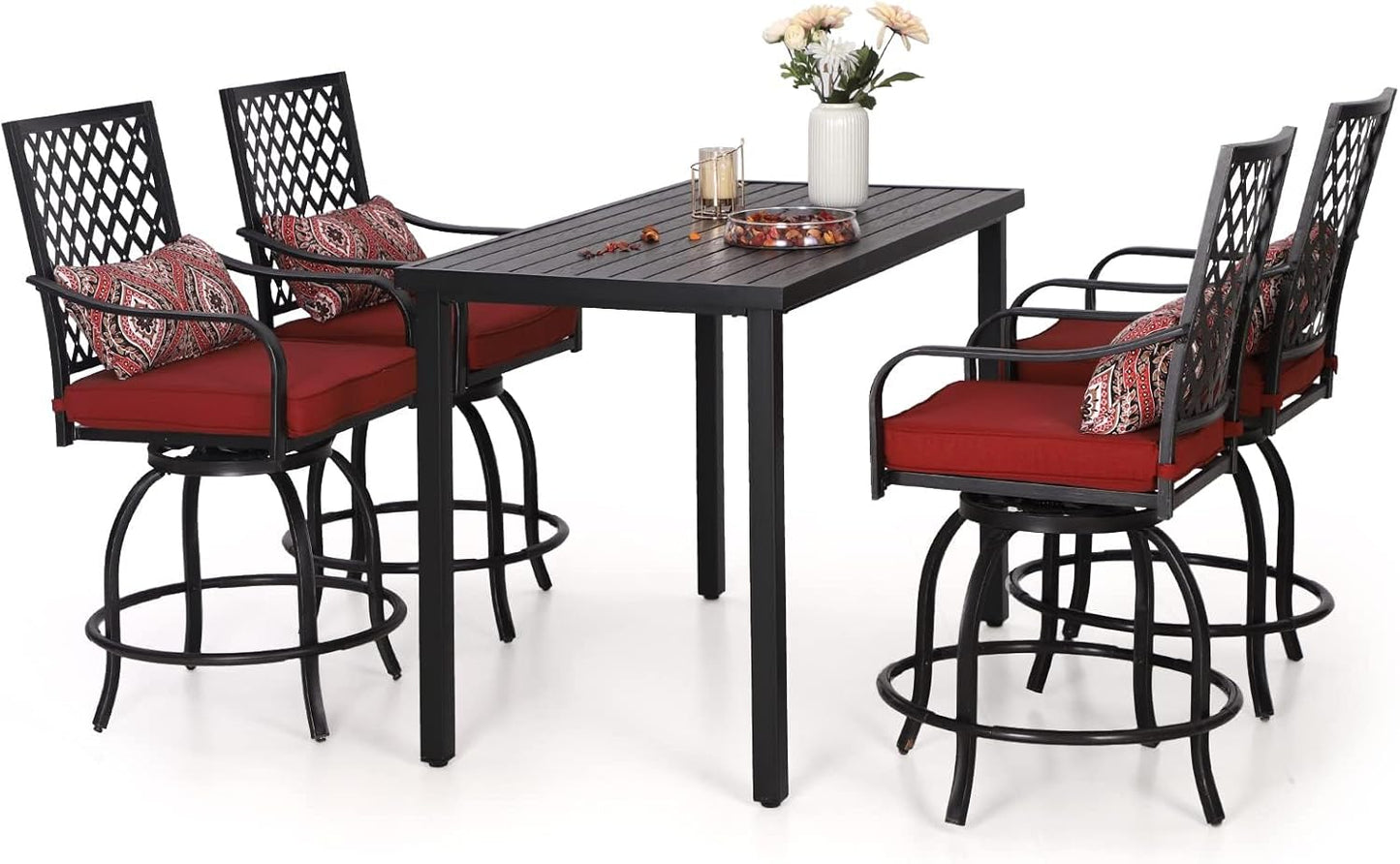Sophia & William Patio Bar Set 5 Piece Outdoor Dining Set, 4 Swivel Bar Stools Chairs with Red Cushion and 1 Rectangular Bar Height Table, All-Weather Metal Furniture Set for Garden Lawn Backyard