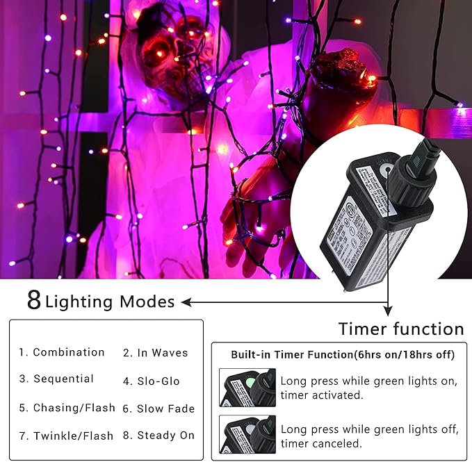 Orange and Purple Halloween Lights, 82ft 200 LED Halloween String Lights with 8 Modes, Waterproof Plug in Orange Purple String Lights for Halloween Party, Garden, Indoor Outdoor Halloween Decorations
