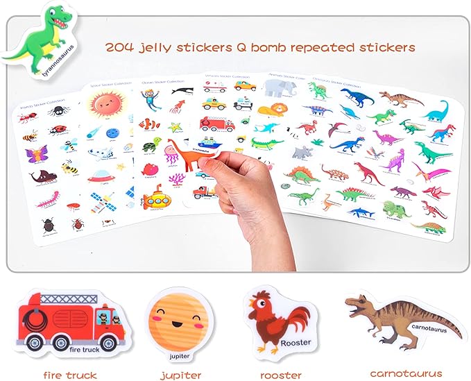 Jelly Reusable Sticker Books for Toddlers 1-3 2-4 Years, Portable Travel Toys Sticker Activity Book for Kids 2 3 4 Year Old Girls Boys, Animal Insect Sea Ocean Space