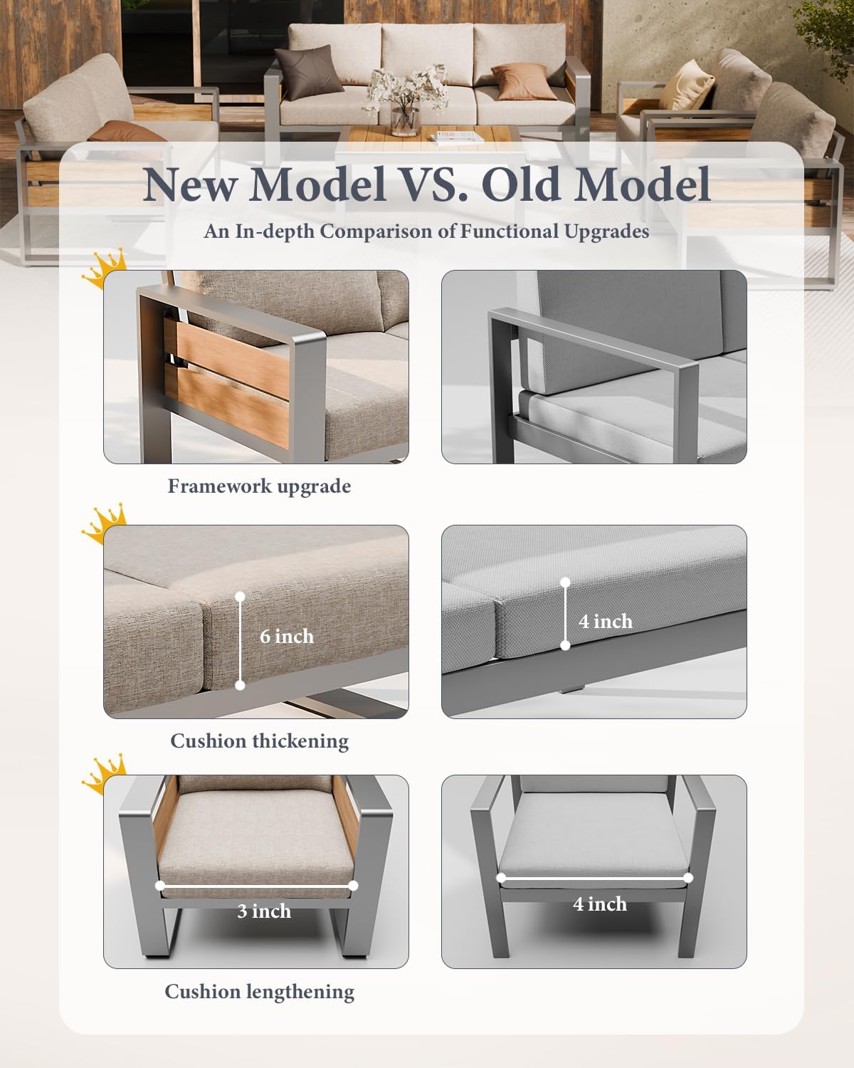 ZANDOR Aluminum Outdoor Patio Furniture - 1 Pcs 3-Seat and Coffee Table, All-Weather Metal Modern Outside Furniture with Washable Thick Cushion for Garden/Backyard/Porch, Grey