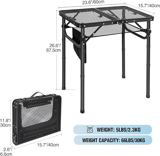RedSwing Folding Grill Table, Lightweight Height Adjustable Aluminum Table with Mesh Desktop and Mesh Bag for Outdoor Camping Picnic BBQ, Small 2 Feet, Black