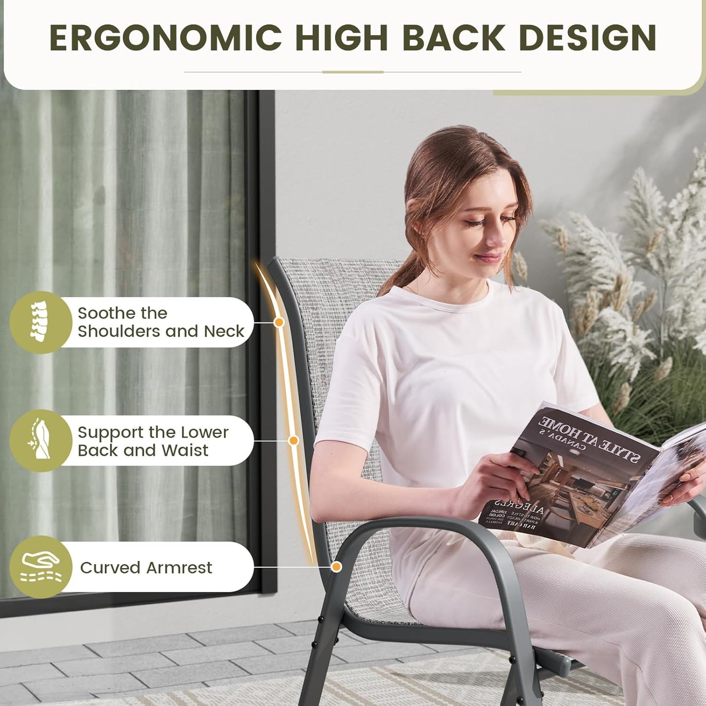 UDPATIO Patio Dining Set of 7, Outdoor Table and Chairs Set with Square Metal Table, 6 Stackable Patio Chairs with High Back, Outdoor Furniture for Deck Garden Backyard Lawn Poolside (Light Grey)