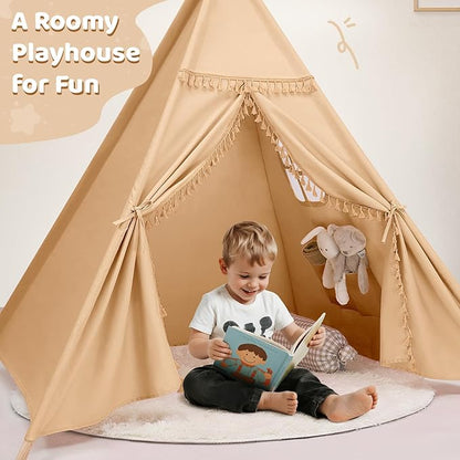 Sumbababy Teepee Tent for Kids Indoor – Cotton Canvas Play Tent with Tassel Trim, Foldable Toddlers Tent for Boys, Ideal Gift with Star Lights, Banner & Carry Bag (Khaki)