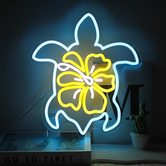 Sea Turtle Hibiscus Neon Signs for Wall Decor Blue Turtle Neon Light Yellow Flower LED Neon Wall Sign Ocean Neon Light Up Sign for Bedroom Living Room Office Decor Sea Turtle Gifts