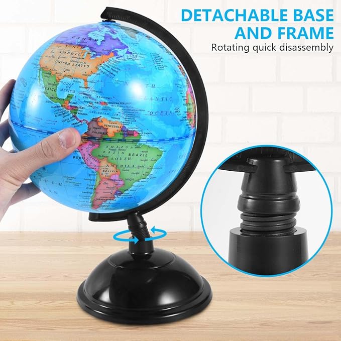 8 Inch World Globe with Stand Rotating Earth Spinning Globe for Kids Geography Classroom Education or Decorations (Blue)
