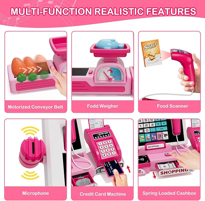 63PCS Cash Register for Kids, Kids Cash Register with Real Calculator, Pretend Play Store with Music/Motorized Conveyor/Play Money/Food Toys, Learning Toys for Boys Girls 3+, Pink