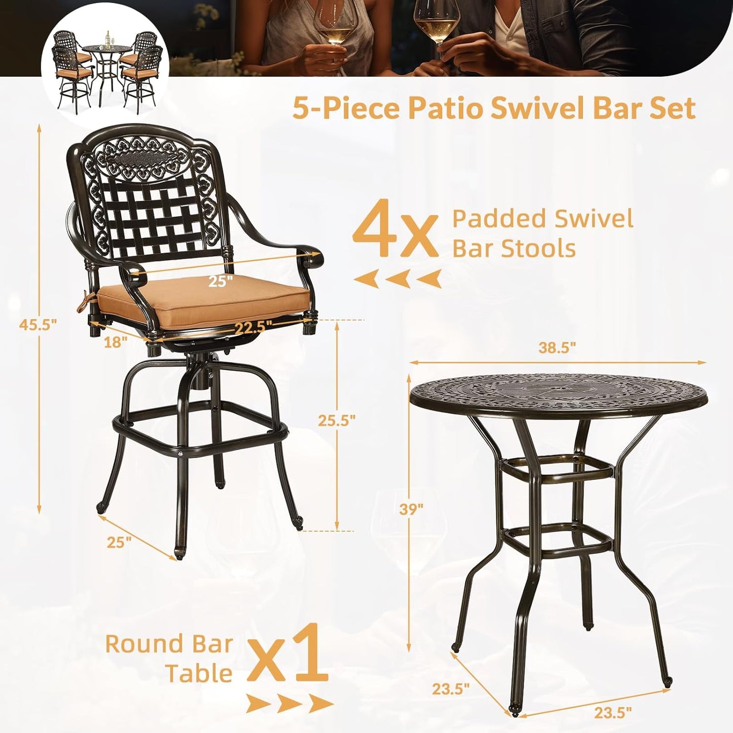 5 Pieces Patio Swivel Bar Set, Patio Bar Table and Chairs Set, All-Weather Cast Aluminum Outdoor Swivel Bar Stools of 4 and 38.5" Bar Table, High Top Bistro Set for Deck, Pool, Garden