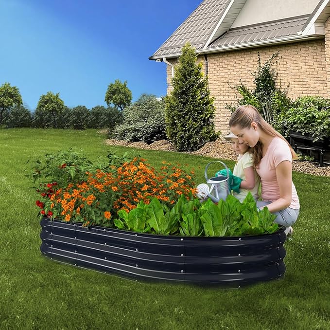 Raised Garden Bed, 6x3x1ft Galvanized Outdoor Planter Beds with Safety Edging and Gloves, Oval Metal Planter Box for Gardening Vegetables Flowers Herb