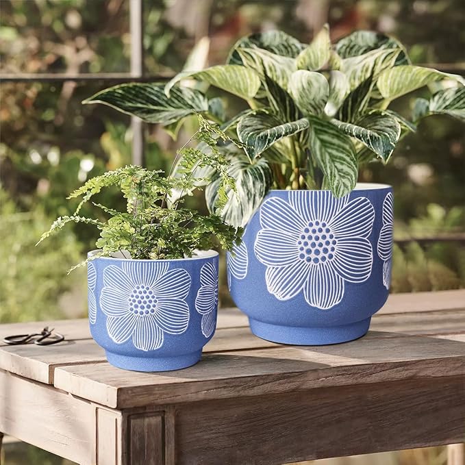 YBX 8 Inch + 6 Inch White Flower Pattern Plant Pots, Sand Glazed Ceramic Planter with Drainage Hole, Flower Pots for Indoor Plants, Blue