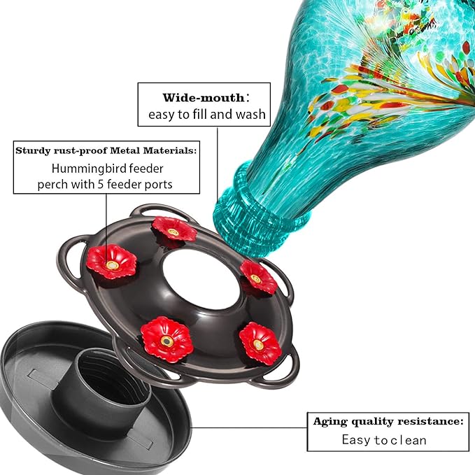 LUJII Hummingbird Feeder, Hand Blown Glass Hummingbird Feeder, Never Fade, 36 Fluid Ounces, 5 Feeding Metal Stations, Much Bigger, Garden Backyard Decorative, Containing Ant Moat (Blue)
