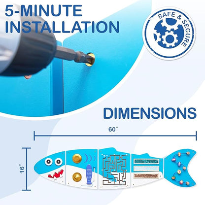 Monläurd® Shark Montessori Busy Board, Sensory Board, Educational Toys, Sensory Wall Panel, Wall Toys, Daycare Furniture, Playroom Furniture, Learning Toys, Boys and Girls 6 M+