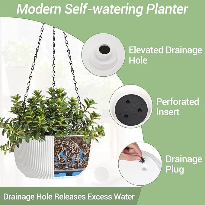 T4U Hanging Planter Self Watering 8 Inch, 2 Pack White Indoor Outdoor Hanging Plant pots, Hanging Flower Pot with Drainage Hole & Plug & Chain with 3 Hooks for Garden Home Decor
