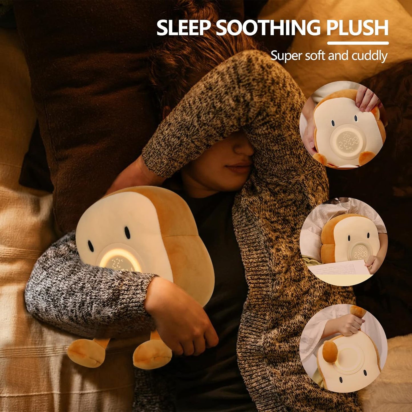 QANYI Plush Toy Night Light Alarm Clock for Kids, Multiin-one Cozy Toast Plushies Bed Clock with Dual Alarm and Snooze, Dimmable Bed Lamp Birthday Gifts Ideal for Children Teens Girls Boys Women