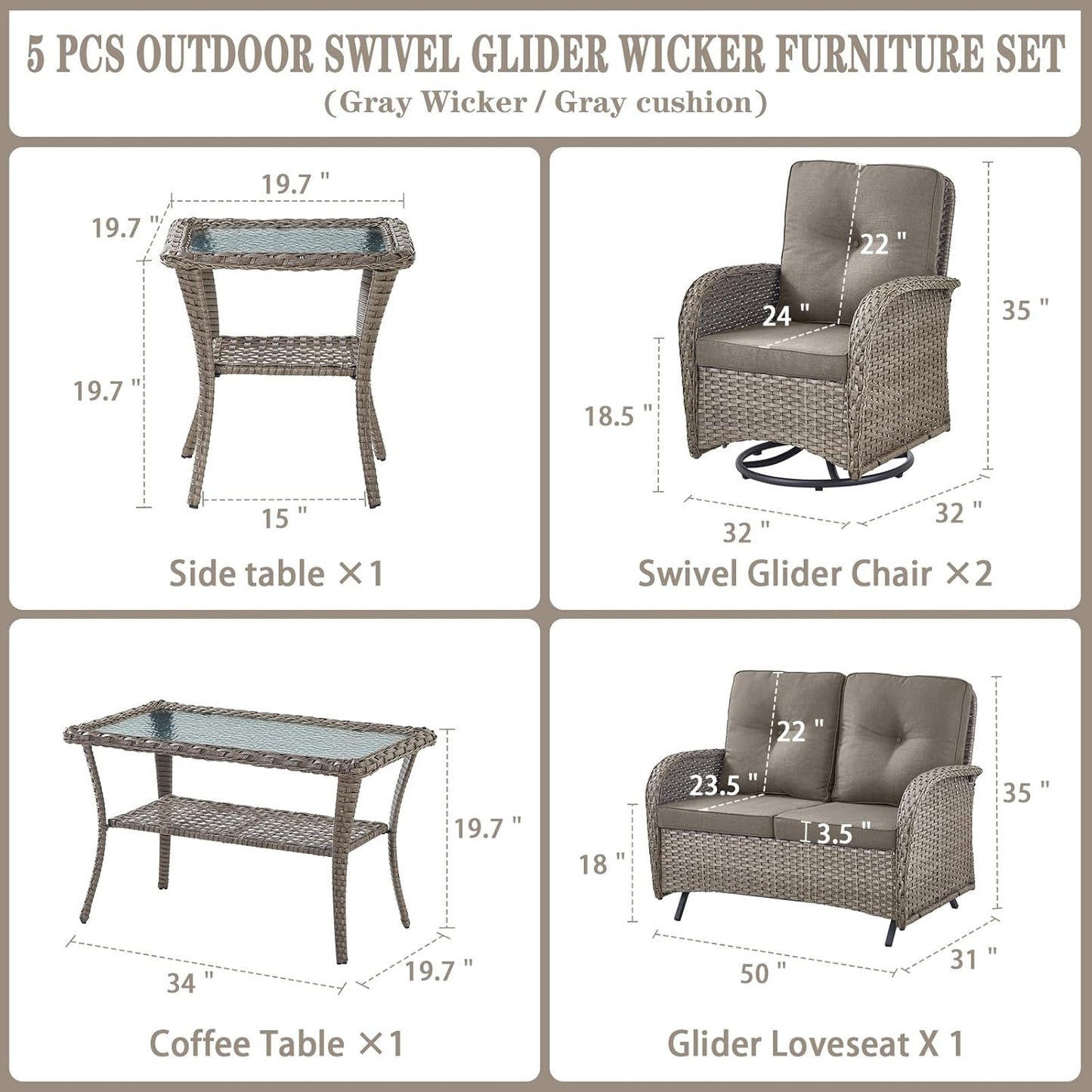 5 Piece Outdoor Patio Furniture Set with Deep Seating Swivel Rocker Chairs Loveseat and Rattan Coffee Table Outdoor Conversation Sets for Deck Backyard Poolside,Gray Wicker Gray Cushion