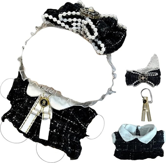 Clothes for 17cm Doll(Clothes Only)– 3-Piece Set Cute Elegant Outfit + Bow Headband + Collar Decoration for a Unique Dressed-Up Look– Fashion Handmade Accessories for Doll(Black)