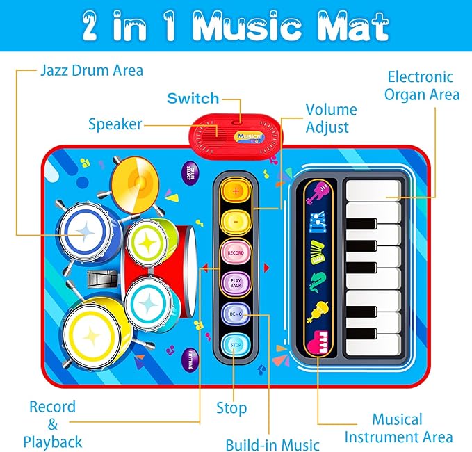 Baby Toys for 1 Year Old: Baby Musical Mat Toddler Toys Age 1-2 - 2 in 1 Piano Drum Babies Play Mat - Infant Music Toy 12-18 Months Babies Birthday Valentines Gifts for 1 2 3 Year Old Boys Girls