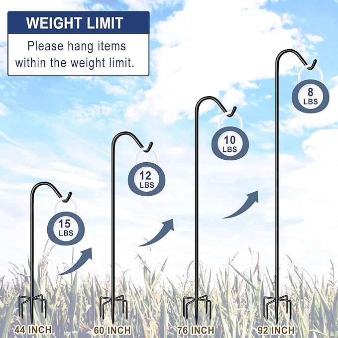 Shepherds Hook for Outdoor Bird Feeders Pole 92 Inch Tall, Adjustable Heavy Duty Garden Hanger Stake Pole with 5 Prong Base, Shiny Black (2 Packs)