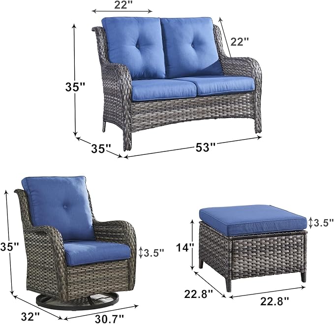 Outdoor Wicker Patio Furniture Set - 5 Piece Rattan Patio Conversation Set with 2 Rocking Swivel Chairs,2 Ottomans and 1 Loveseat for Porch Deck Backyard Garden(Mixed Grey/Blue)