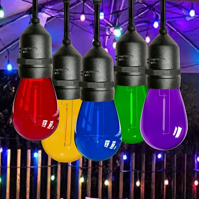 Meconard 15Pack S14 Colored LED String Light Bulbs,1 Watt Plastic Shatterproof Waterproof Outdoor Indoor Replacement Bulbs for Home Decor, E26 Medium Base, Multi-Color: Red/Green/Blue/Orange/Purple