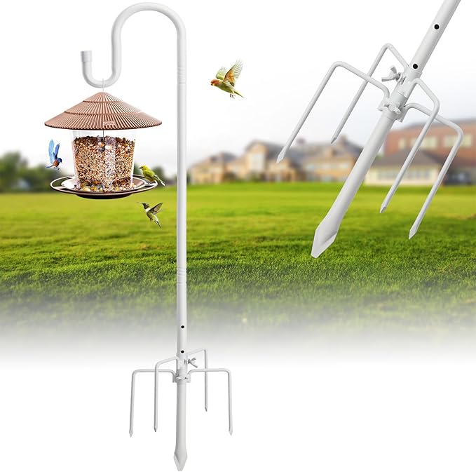 Hummingbird Feeder Stand Pole -30 inch Shepherds Hooks for Outdoor Garden Decor, 5 Prong Bird Feeder Pole for Hanging Birdfeeders,Plant,String Light - Heavy Duty Wind Chime Stand,Shepards Hook-White