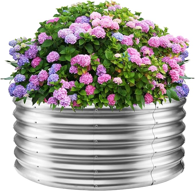 17" Tall Round Outdoor Garden Raised Garden Bed Kits- 0.8MM Thick Metal Raised Planter Bed/Ground Planter Box for Variety of Flowers,Herbs,Vegetables (Silver, 40 inches Diameter)