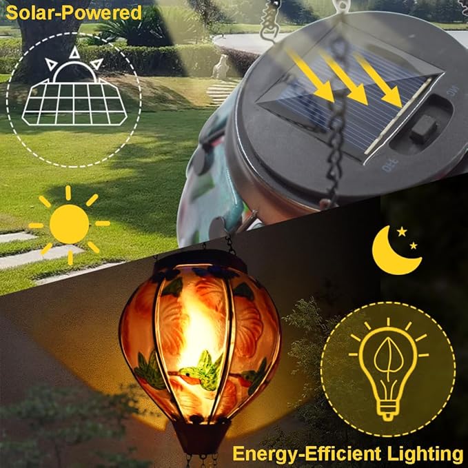 Hot Air Balloon Solar Lantern with Flickering Flame Hanging Solar Lanterns Outdoor Lights Waterproof Lanterns Decorative Garden Patio Yard Party Decor Hummingbirds&Red Flowers