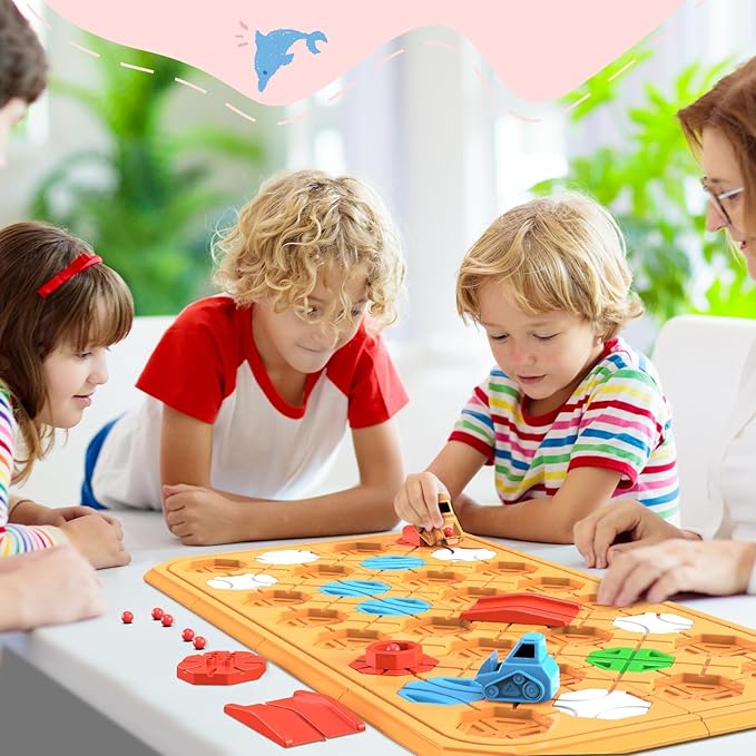 STEM Logic Road Builder Toys: Board Games Toys for 5 Year Old Kids Montessori Brain Teaser Puzzles Educational Learning Activities Toy for Kid Ages 3 4 6-8 12 Boys Girls Gifts (Orange, 62PCS)