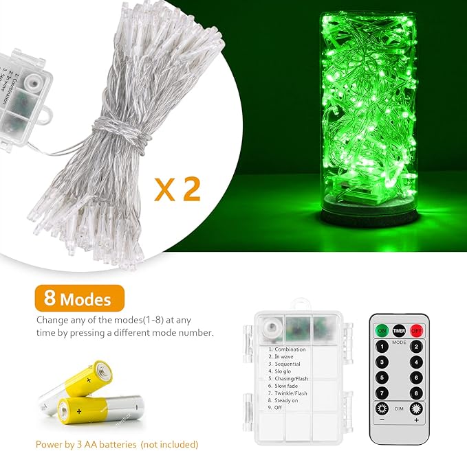 String Lights, 2 Pack Battery Operated String Lights with Remote Timer Waterproof 8 Modes String Lights for Bedroom,Garden,Party,Xmas Tree Indoor Outdoor Decorations (Green, 16.4)