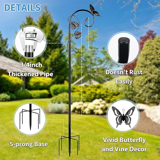 Shepherds Hooks for Outdoor Hummingbird Bird Feeder Pole Hanger 49 Inches with 5 Prongs Base Stainless Metal Adjustable Garden Hanging Holder Weddings Garden Decor Butterfly 1-Pack