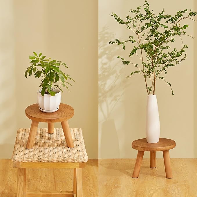 Yanbaga 2 Pack Wood Plant Stand Indoor,11-12" Mid Century Modern Plant Stand Holder with Growth Ring,Plant Stool Display Stand for Flower Pots ,Outdoor, Garden,Patio