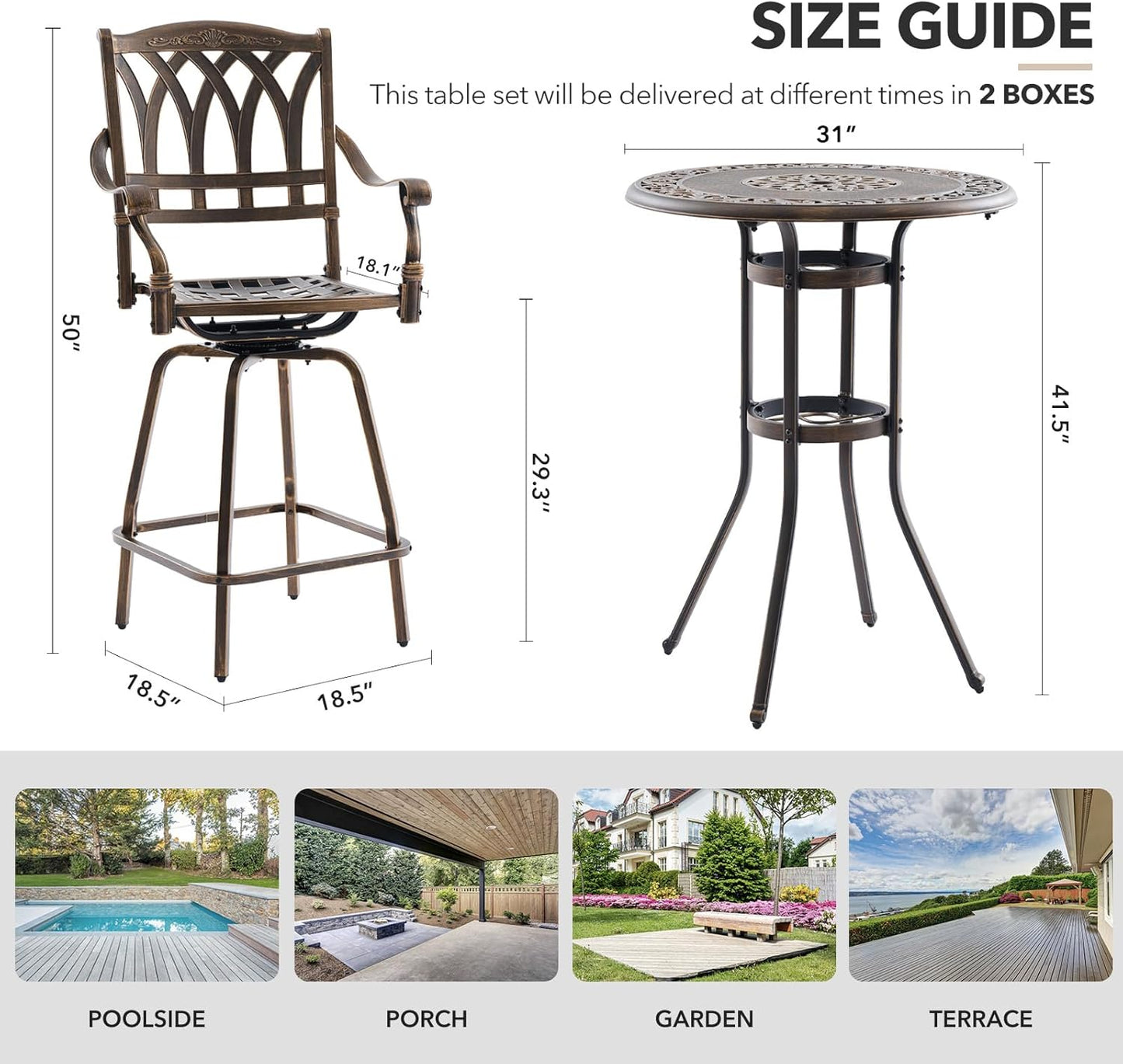 3 Piece Swivel Outdoor Table and Chairs Bar Set , All-Weather Cast Aluminum Outdoor High Top Patio Bar Set Bistro Set, High Swivel Stools with Cushions Umberlla Hole for Balcony, Poolside,Garden,Lawn