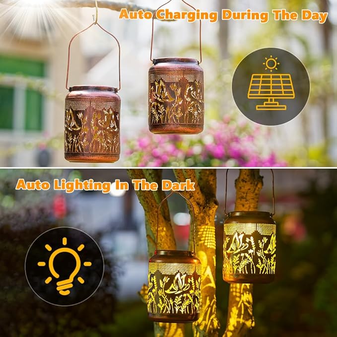 2 Pack Butterfly Solar Lanterns Outdoor Waterproof,Birthday Gifts for Women Mom,Hanging Solar Lights Outdoor LED 6.9" Metal Butterfly Decorative Lanterns for Patio,Pathway,Yard,Garden Decor
