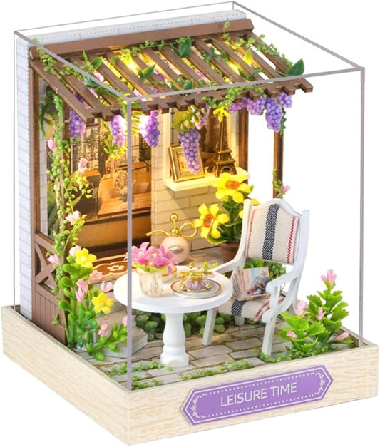 OZJAY DIY Miniature House Kit with Dust Proof Cover, 1:24 Scale Creative Room Mini DIY Wooden Dollhouse Miniature Kit for Adults Teen(Leisure Time)