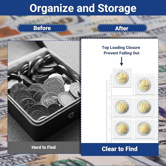 600 Pockets Acid Free Coin Sleeves, Non Stick and Non Glare, Fit for Coin Flips 2x2 inch, 3 Ring Binder Sleeves Clear Plastic Stamp Collecting Supplies, 30 Pack