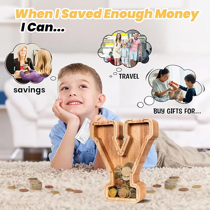 KMC Wooden Letter Piggy Bank, Personalized Initial Piggy Bank for Kids Boys, Clear Alphabet Y Wood Money Box, Unbreakable Coin Saving Jar, Birthday, for Children