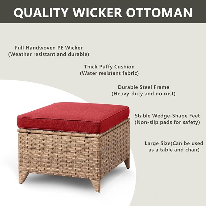 Outdoor Wicker Patio Furniture Set - 5 Piece Rattan Patio Conversation Set with 2 Rocking Swivel Chairs,2 Ottomans and 1 Loveseat for Porch Deck Backyard Garden(Yellow/Red)