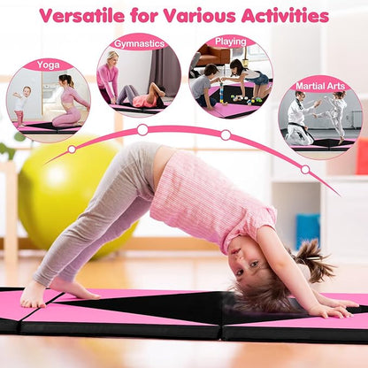 Giantex 4'x10'x 2" Gymnastics Mat, 4-Panel Folding Aerobics Exercise Mat w/Hook & Loop Fastener, Carrying Handle, Portable Tumbling Mat for Stretching Yoga Cheerleading Martial Arts