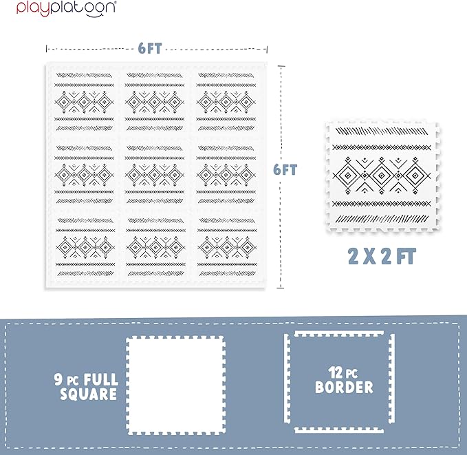 Play Platoon Non-Toxic Extra-Thick Children's Play Mat, 9 Tiles - 72 x 72 inch Comfortable Cushiony Foam Floor Puzzle Mat for Kids & Toddlers with 24 x 24 inch Tiles - Black/White