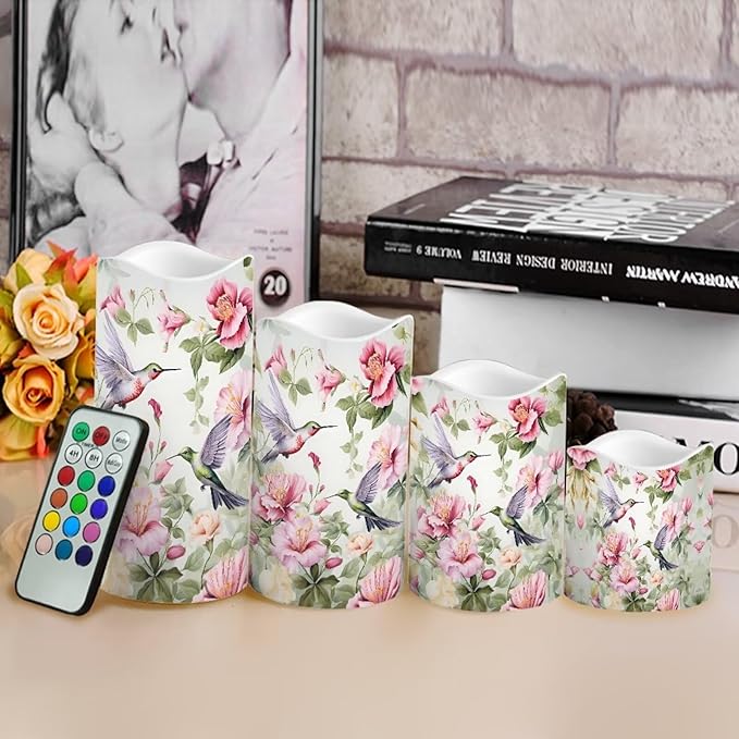 Ystardream Hummingbird Flower Flameless Candles with Remote Battery Operated Candles Elegant Realistic LED Candles with Remote and Timer Set of 4 for Valentines Home Wedding Birthdays