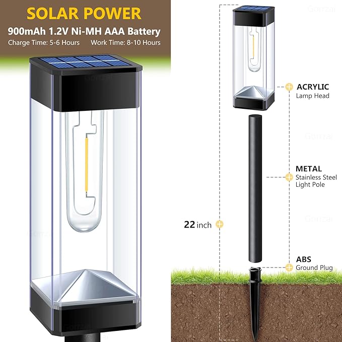 Solar Pathway Lights 8 Pack LED Waterproof Solar Outdoor Lights, Upgraded Stainless Steel Driveway Lighting with Tungsten Filament Bulb for Yard, Landscape, Garden, Walkway, Lawn, Path