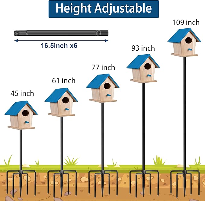Ottsuls Bird Feeder Pole, 109 Inch Heavy Duty Bird House Pole Kit for Outdoors, with 5-Prong Base Feeding Station for Wild Birds Watching, Adjustable Feeder Stand (House Not Included)