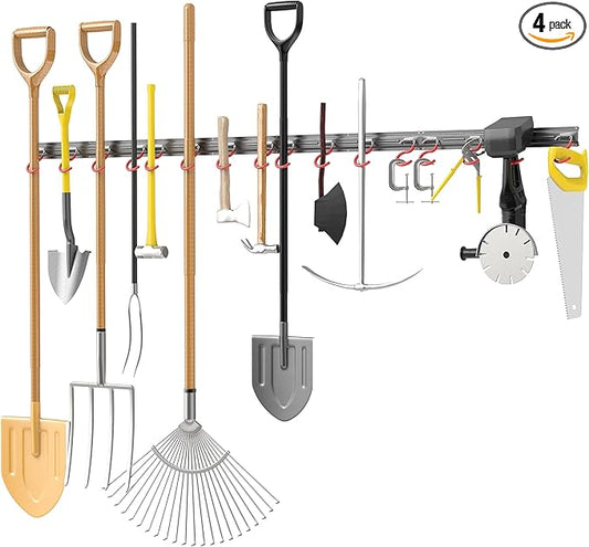 TORACK Metal Wall-Mounted Garden Tool Organizer for Garage, Mop and Broom Holder, Yard Tool Storage Rack for Rakes, Shovels, Mops, Brooms (4 Rails, 16 Hooks)