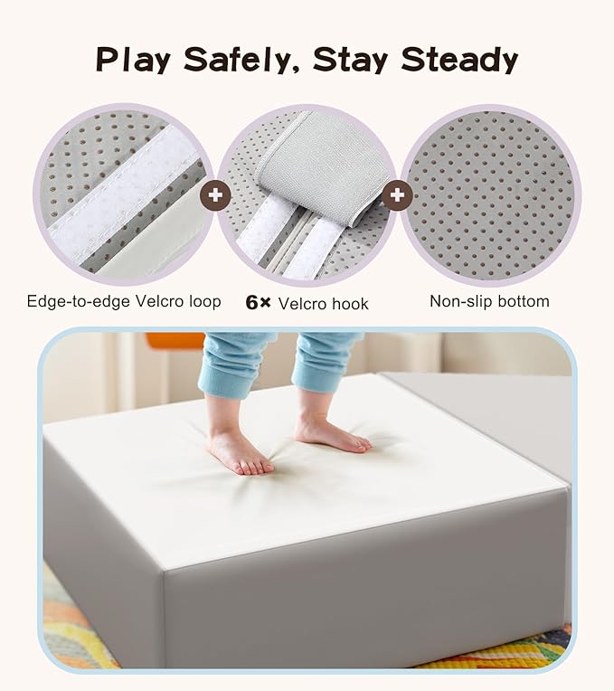 6-Piece Climb and Crawl Activity Play Set, Soft Foam Climbing Blocks for Toddlers with Wipe-Clean PU Leather, Anti-Slip Climbing Toys for Toddlers 1-3 Inside for All-Around Development, Gray & White
