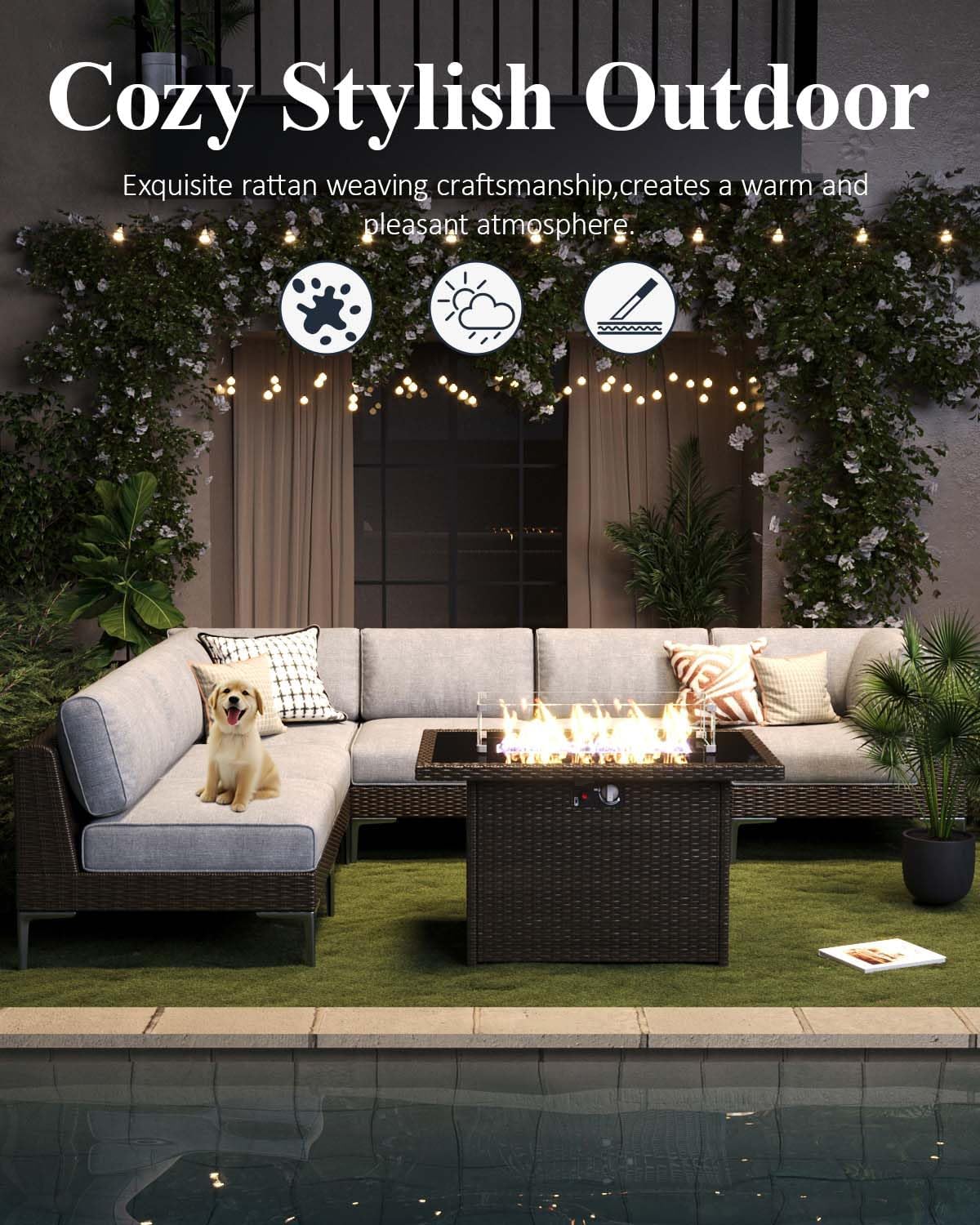 LayinSun 8-Piece Outdoor Modular Wicker Sectional Sofa with Fire Pit Table, Patio Furniture Conversation Set with Deep Seating and Thick Cushions