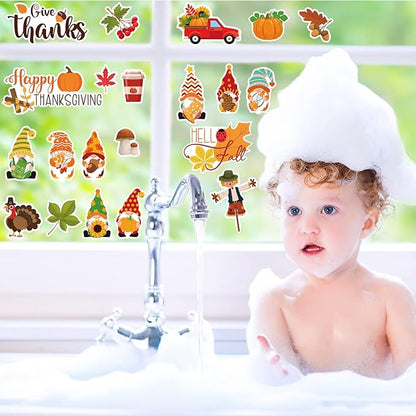 Ferraycle 21 Pcs Thanksgiving Fall Window Gel Clings Autumn Window Gel Clings Turkey Pumpkin Gnome Scarecrow Maple Leaves Decor Stickers Decals for Classroom Harvest Party Decor