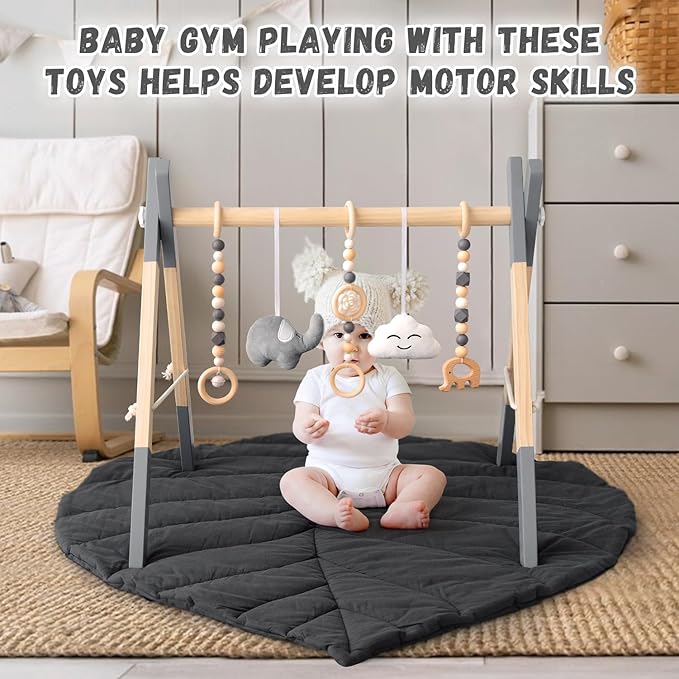 Wooden Baby Play Gym with Mat, Foldable Baby Play Gym Frame Activity Gym Hanging Bar with 5 Gym Baby Toys Playmats for Newborn Baby (Foldable Baby Play Gym with Mat)