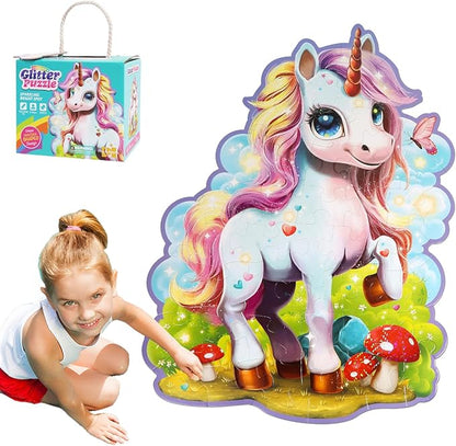 Glittering Unicorn Puzzle, Large Floor Unicorn Jigsaw Puzzles for Kids with Puzzle Sticker Sheets, for Girls Ages 3-6