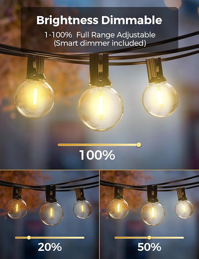 XMCOSY+ Outdoor String Lights, Smart Patio Lights 100Ft Dimmable Outdoor Lights Warm White, 50 G40 LED Bulbs, WiFi String Lights for Outside, Work with Alexa, APP Control, Waterproof Extendable